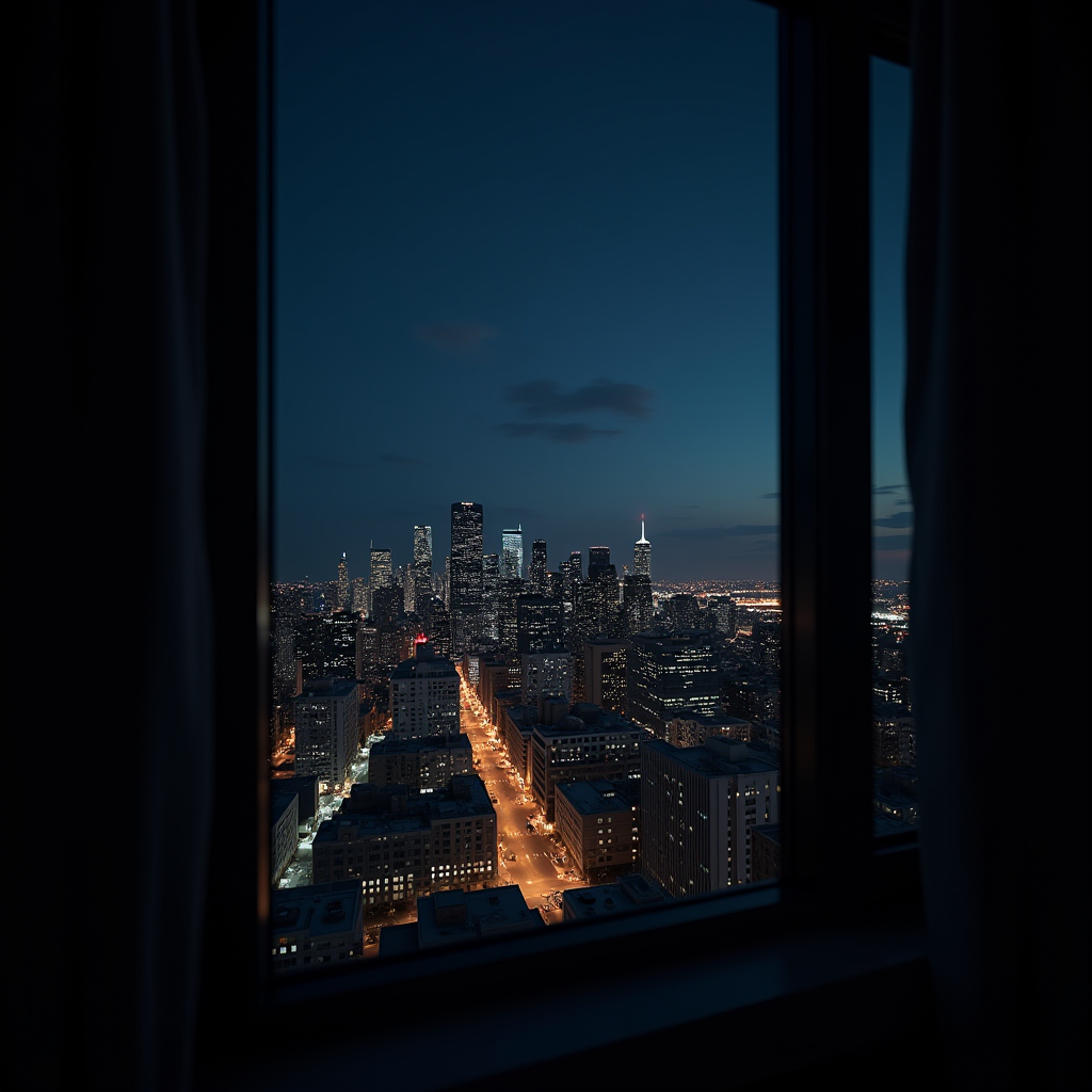 A nighttime view of a city's illuminated skyline, framed by a window.