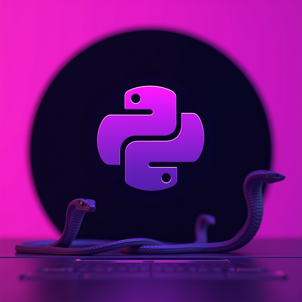 A stylized Python logo with artistic snakes against a vibrant purple backdrop.