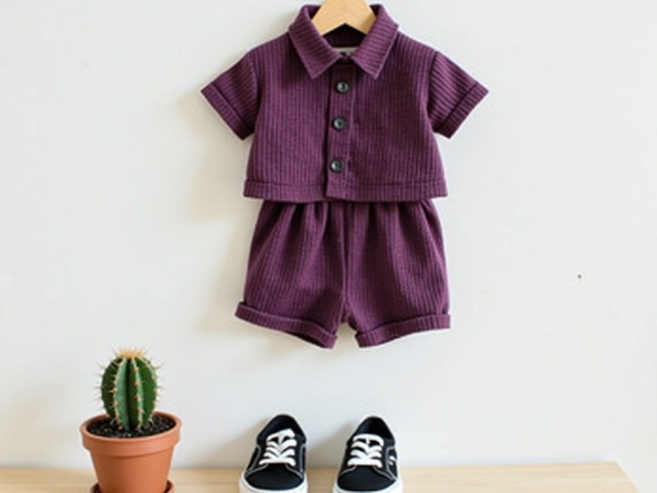 The image showcases a stylish two-piece outfit hanging on a wooden hanger. The outfit consists of a short-sleeved shirt and matching shorts, both in a deep shade of purple. The shirt features a classic collar and is adorned with several buttons down the front. The fabric has a textured, ribbed appearance, adding to its appeal. The outfit is complemented by a pair of casual black sneakers placed at the bottom of the image. Additionally, a small potted cactus sits to the left, enhancing the overall minimalist aesthetic of the display.