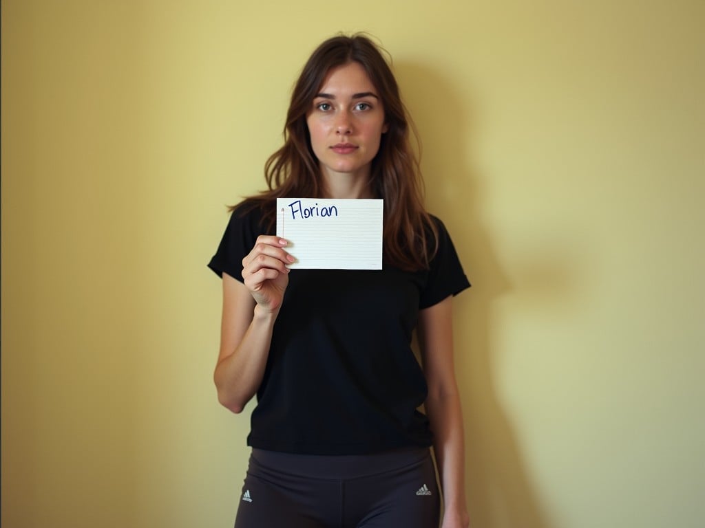 The image depicts a person standing against a plain, pale yellow wall, holding a card with the name 'Florian' written on it. The individual is wearing a black t-shirt and appears composed, looking directly at the camera. The minimalistic background and muted colors draw attention to the person and the card they are holding, adding an air of mystery or significance to the name displayed.