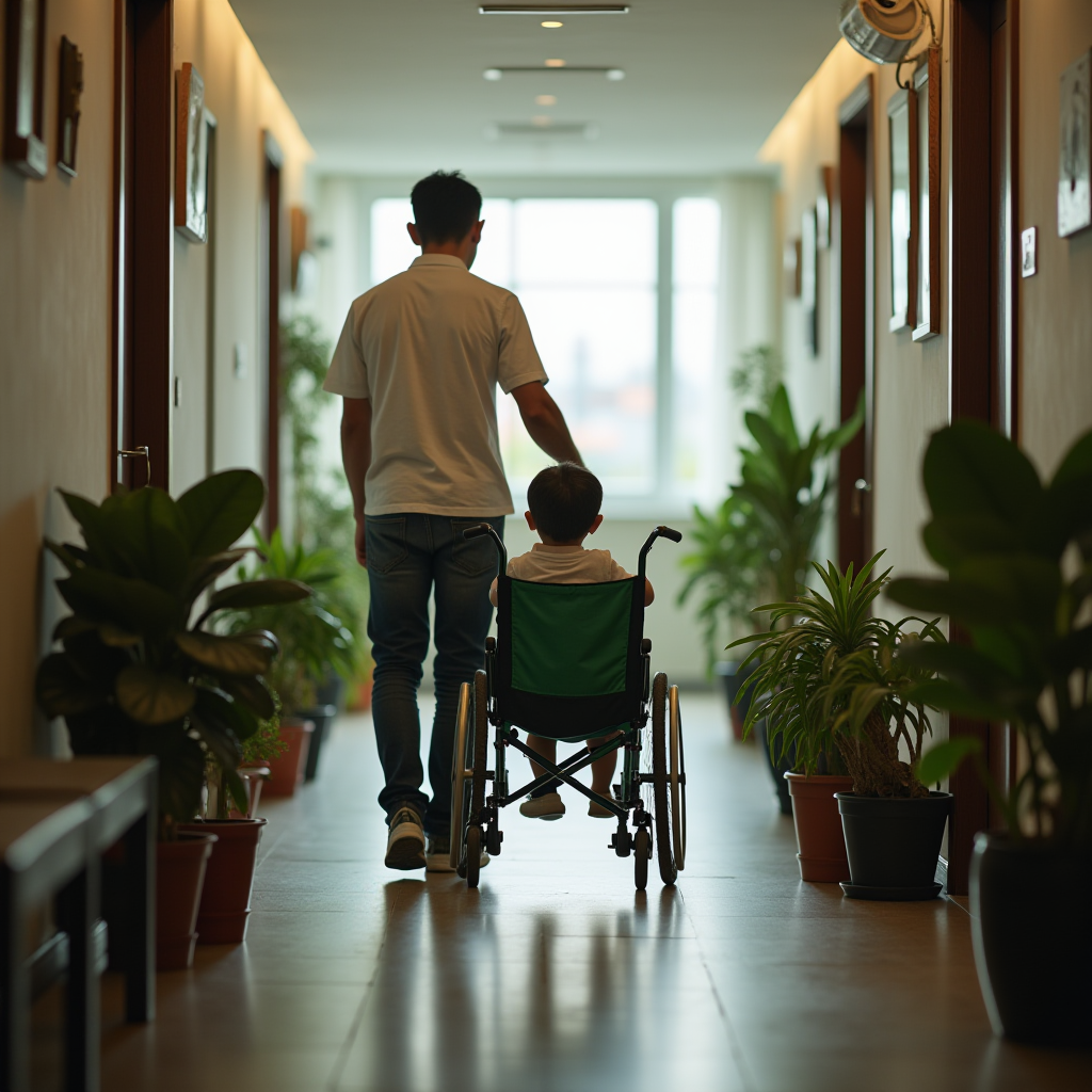 A man gently pushes a child in a wheelchair through a well-lit hallway adorned with lush green plants.