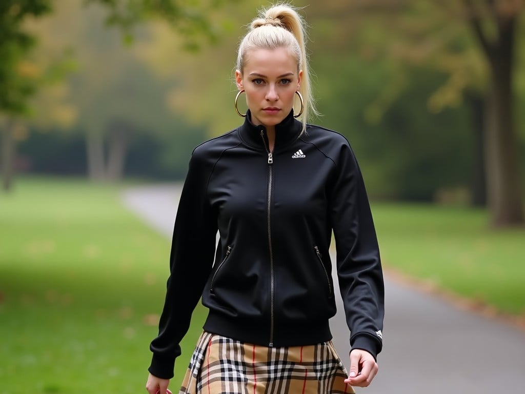 A beautiful blonde woman is walking in a park, dressed casually yet stylishly. She has her hair tied back and wears large gold hoop earrings that catch the light. Her attire includes a black Adidas Firebird tracksuit jacket and a classic Burberry nova check skirt, complemented by black knee-high boots. The scene conveys a feeling of casual boredom as she strolls, taking in the surroundings. The natural park setting features soft foliage in the background, enhancing the laid-back vibe of the moment.