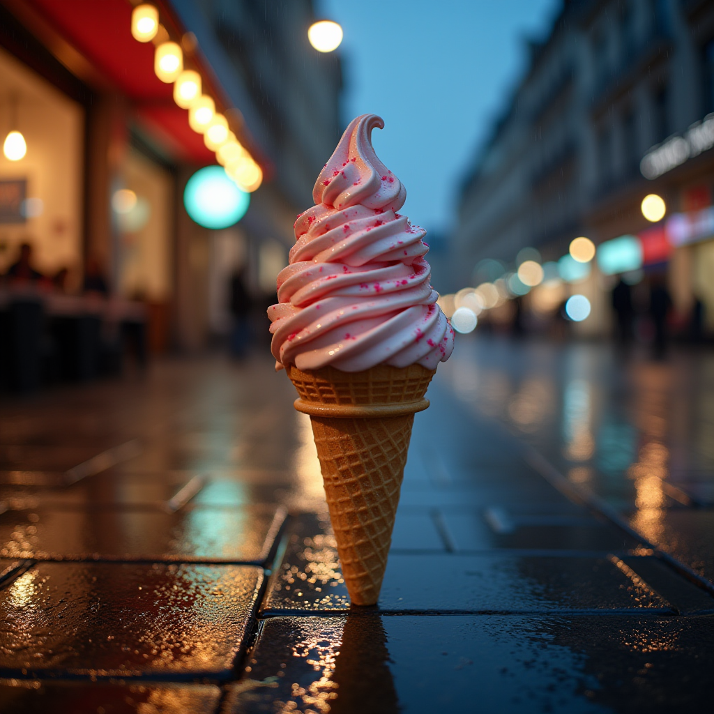 A soft-serve ice cream cone stands on a glistening city street at dusk, surrounded by bokeh lights.