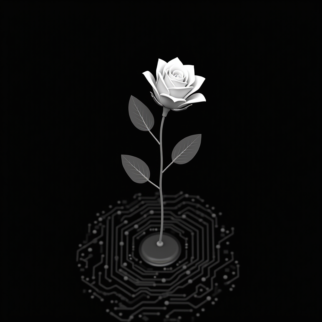 A white rose growing from a circuit board on a black background symbolizing the blend of nature and technology.