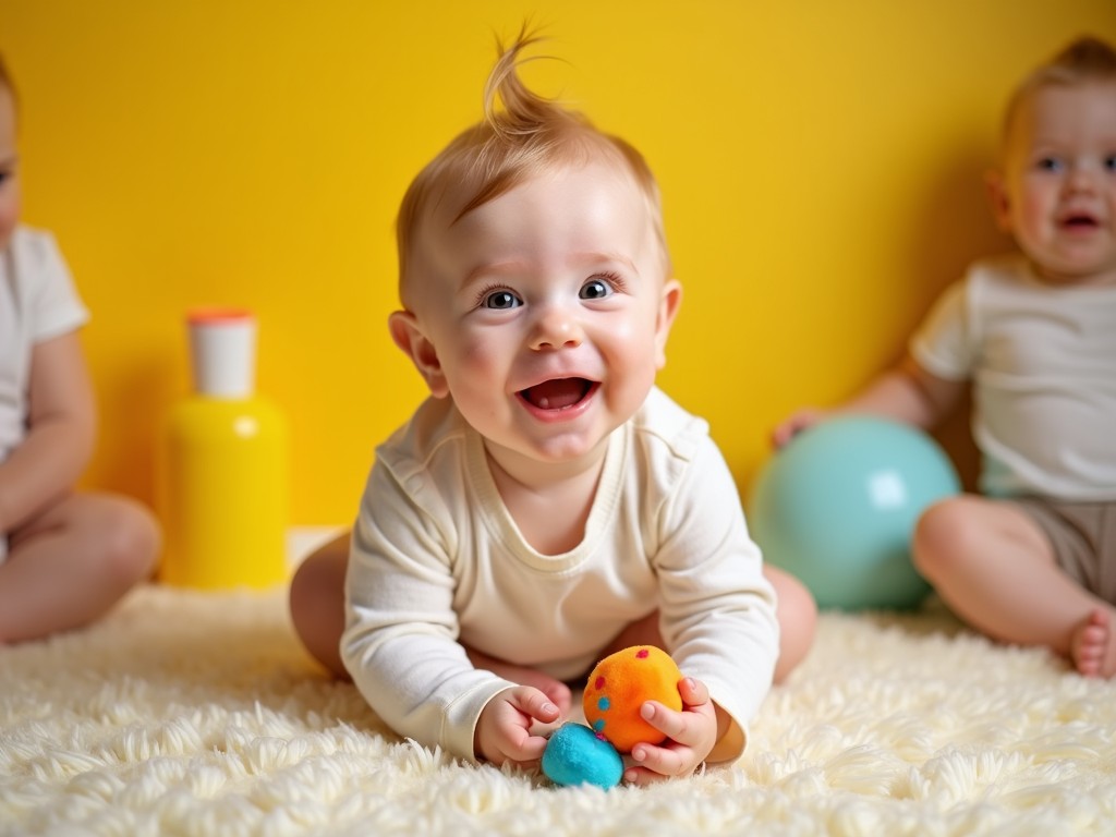 A cheerful baby sits on a fluffy white rug, surrounded by vibrant yellow and blue elements. The child is in the center, holding colorful toys, reflecting pure joy and curiosity. The background is a bright yellow, enhancing the playful and energetic mood of the scene.