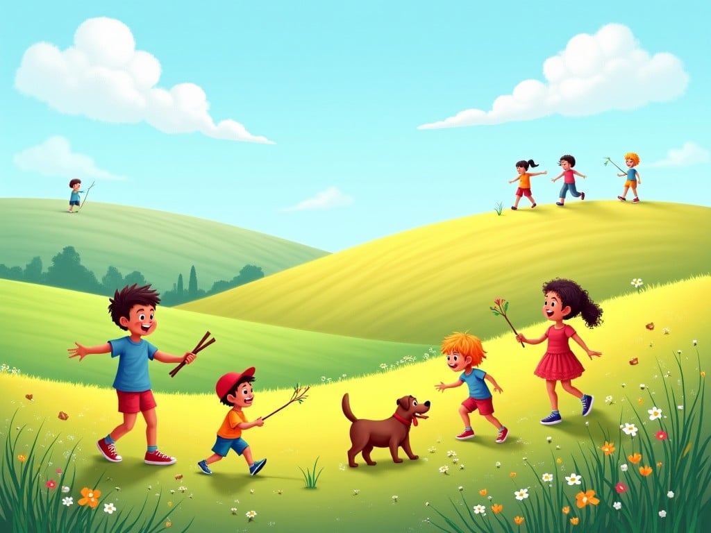 A colorful illustration shows a vibrant hilly landscape with children enjoying various outdoor activities. On the left, two kids are joyfully exploring with sticks. In the center, a boy is playing with a dog while a girl collects flowers nearby. Further back, other kids are walking and observing nature. The background features soft rolling hills under a bright blue sky with puffy white clouds. This image captures the essence of childhood adventure and connection with nature.