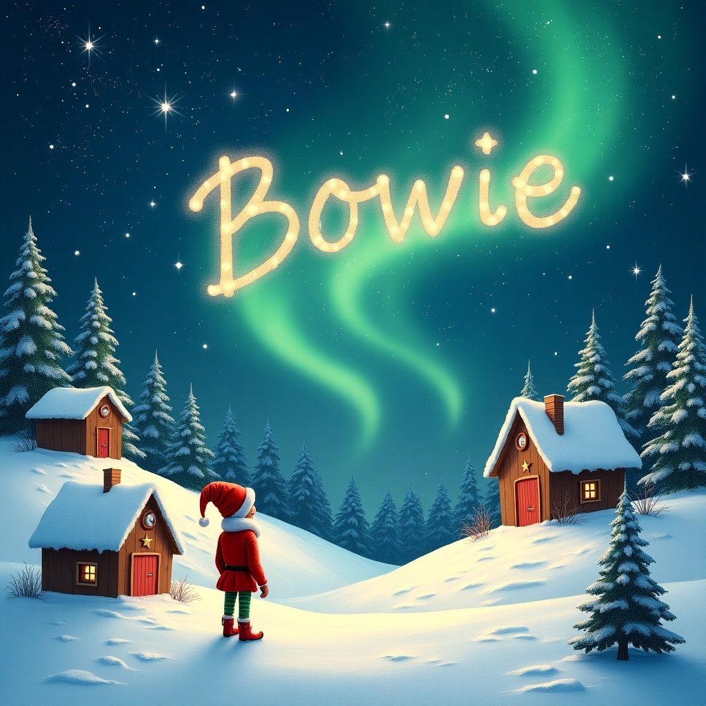 The image features a snowy landscape filled with charming houses and evergreen trees, all beautifully illuminated by the shimmering Northern Lights above. In the foreground, a playful elf dressed like Santa watches in awe as the name 'Bowie' is written in sparkling lights across the starry night sky. The scene is a magical representation of Christmas, capturing the joy and wonder of the holiday season. Snow blankets the ground, adding to the festive atmosphere, while the quaint houses create a cozy, inviting feel. This whimsical portrayal evokes fond memories of childhood magic and Christmas cheer.