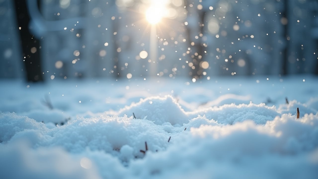 The image depicts a serene winter landscape with soft, fluffy snow blanketing the ground. Snowflakes gently fall, catching the warm light from the sun peeking through the trees. The focus is on the close-up view of the snow-covered ground, highlighting the intricate textures of the snow. The overall effect gives a calm and peaceful ambiance, evoking feelings of winter tranquility. This realistic representation captures the beauty of a snowy landscape in soft light, resembling a film effect.