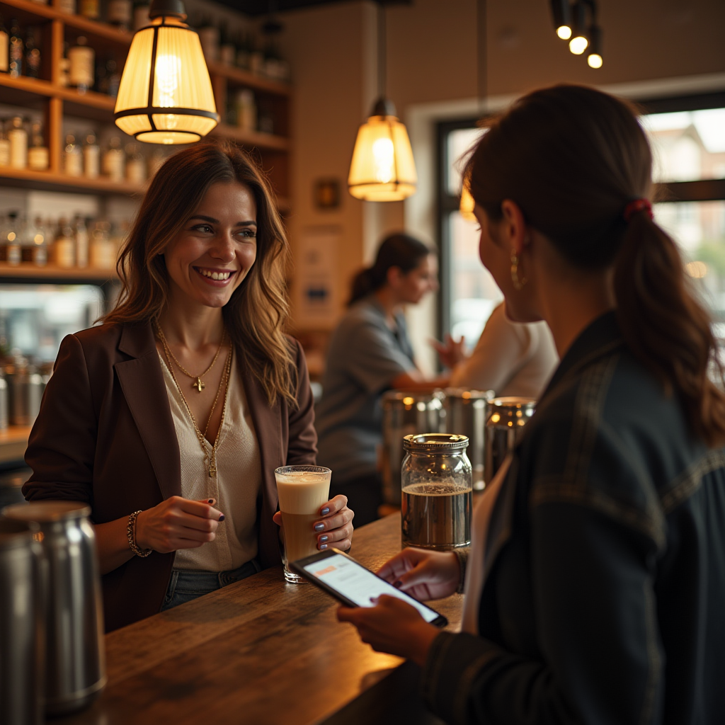 Two women engage in a friendly conversation in a cozy café, with warm lighting and wooden decor.