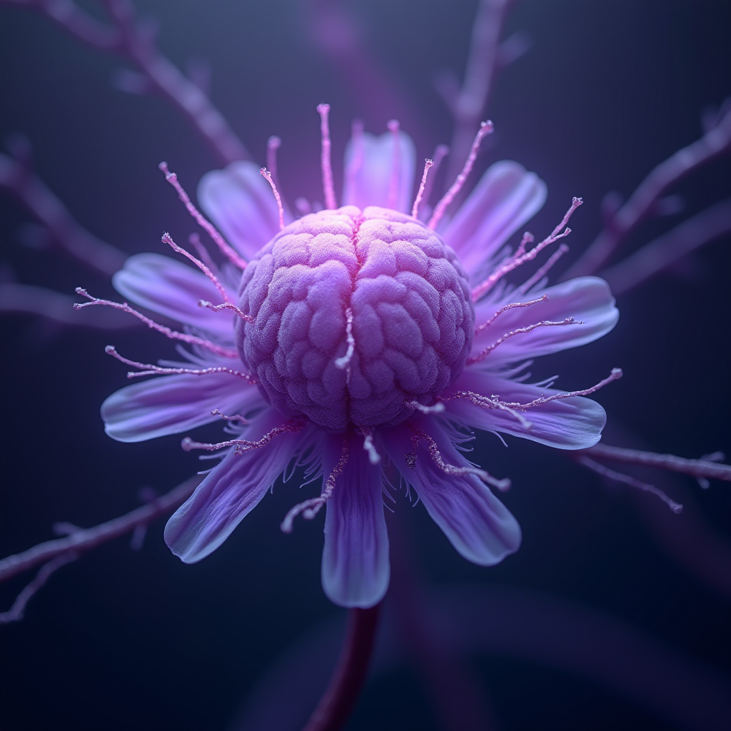 A surreal flower resembling a brain with vibrant purple and pink hues.