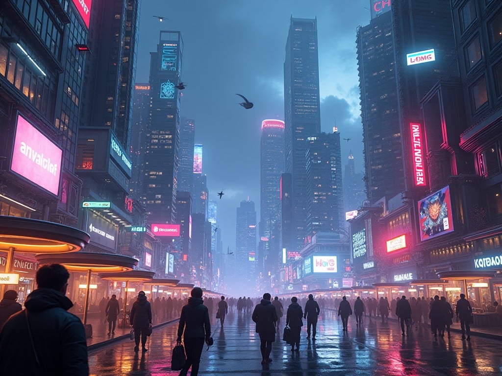 This image depicts a futuristic urban landscape, teeming with activity. Tall skyscrapers adorned with bright neon lights rise into a moody, cloudy sky. People walk along a wet street, reflecting the colorful lights around them. Drones or futuristic flying objects can be seen in the sky. The scene captures a blend of technology and urban life, creating an immersive atmosphere.