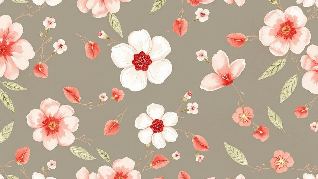 This image features a delicate floral pattern with blossoms in shades of pink, peach, and white set against a muted taupe background. The flowers, leaves, and buds are arranged in a scattered yet harmonious design, evoking a sense of tranquility and elegance. The use of subtle colors and gentle artistic strokes imparts a vintage charm to the overall composition.