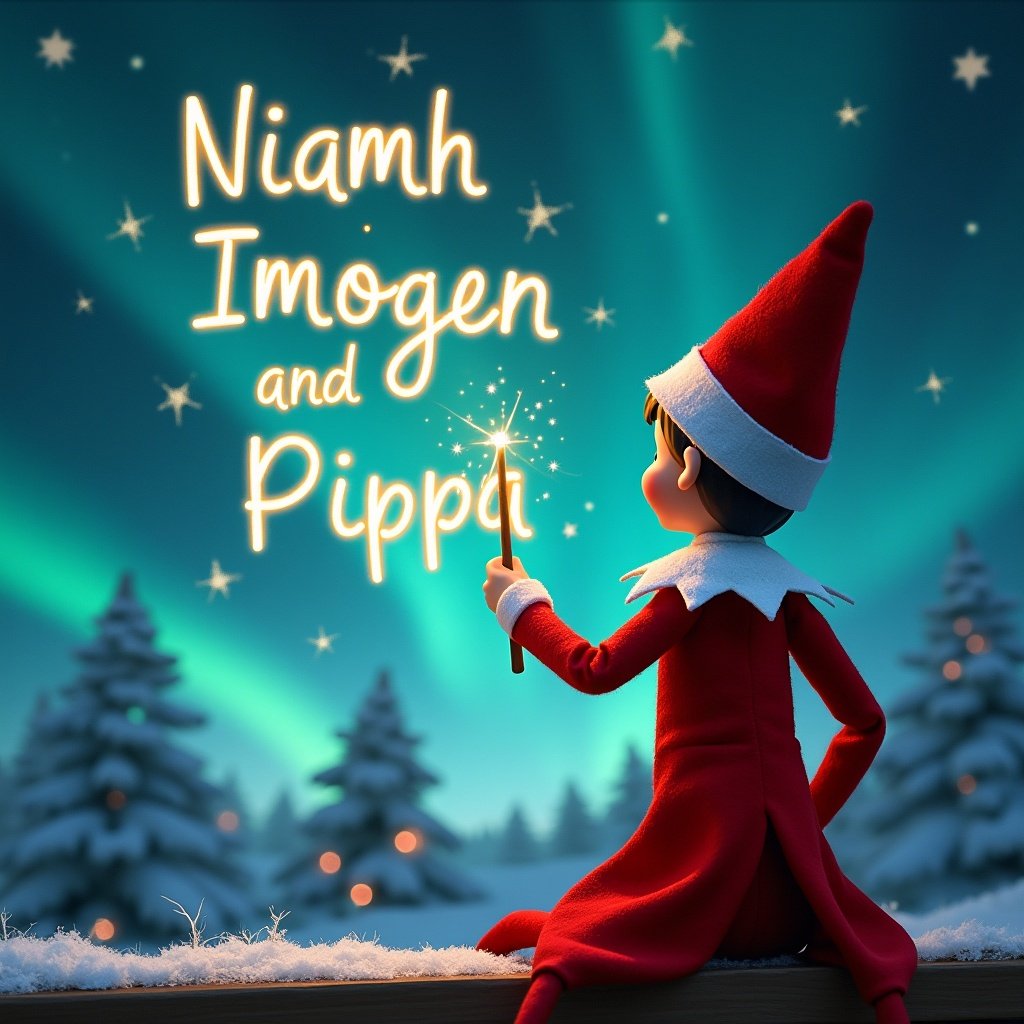 The image features an elf on the shelf facing away from the viewer. The elf holds a wand as it writes the names Niamh, Imogen, and Pippa in the starry sky. Behind the elf, there's a stunning portrayal of the northern lights illuminating the wintry landscape. Snow-covered trees create a charming backdrop for this magical scene. The atmosphere conveys a sense of wonder and the joy of the Christmas season, inviting viewers to imagine the festive spirit.