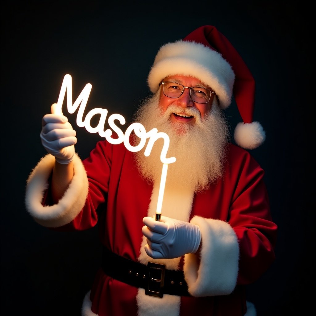 This image features Santa Claus wearing his traditional red and white suit. He is holding a glow stick that forms the name 'Mason' in bright light. Santa's expression is jolly, exuding warmth and holiday cheer. The background is dark, enhancing the glow of the text. This festive scene captures the magic of Christmas and the joy of the season.