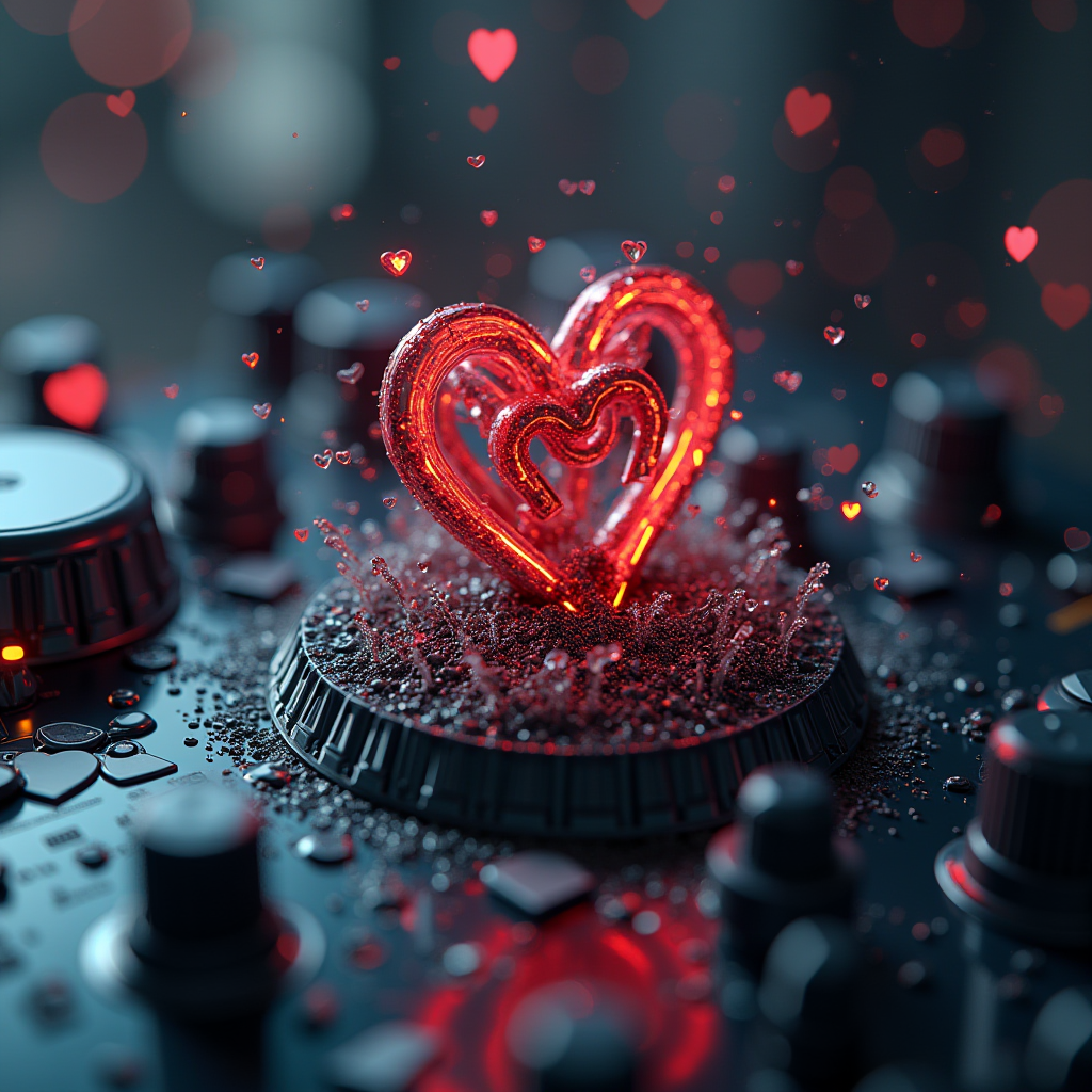 A glowing, abstract heart sculpture sits atop a DJ mixer, surrounded by sparkling particles and illuminated with red lights.