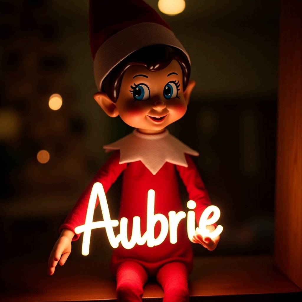 This image features an elf on the shelf character dressed in traditional red and white attire. The little elf is smiling while holding a glowing stick that illuminates the name 'Aubrie' in a cheerful font. The background is dark to emphasize the glowing effect of the name, creating a festive atmosphere. This scene captures the spirit of the holiday season, evoking feelings of joy and magic. It's a beautiful representation of the fond Christmas tradition involving the elf character.