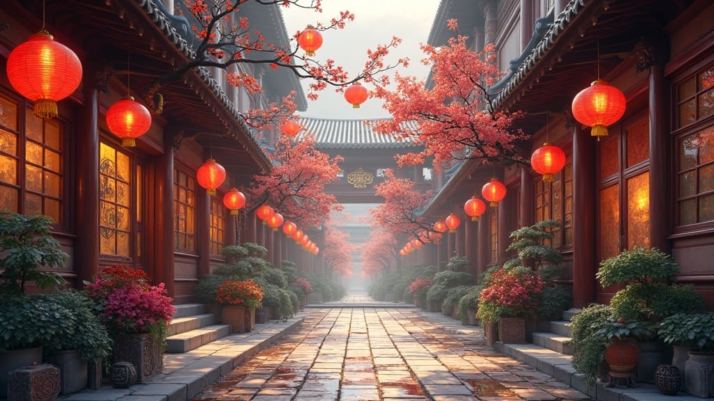 A tranquil, lantern-lit alleyway framed by cherry blossom trees and traditional architecture.