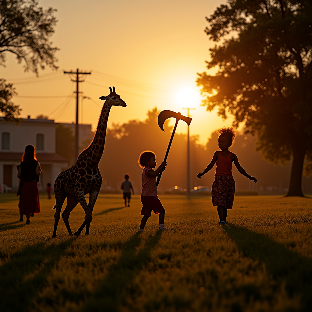 In this enchanting image, a lively scene unfolds in a sunlit park at sunset. Two children are playfully holding a large toy axe as they engage with a small giraffe walking alongside them. The warm, golden hues of the setting sun cast long shadows on the lush green grass, creating a silhouette effect. In the background, several people can be seen casually strolling, enjoying the pleasant evening atmosphere. The glow of the sunset enhances the tranquil and whimsical nature of this captivating moment, blending the innocence of childhood with a touch of fantasy.