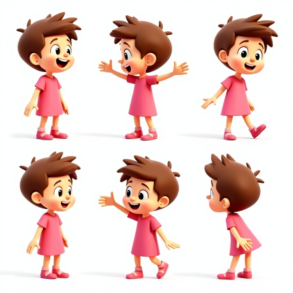 This image features a 3D cartoon character of a young boy with brown hair and a short pink dress. He has a range of expressions including shyness, excitement, and curiosity. The character is displayed in multiple poses that reflect lively movement. The bright color palette enhances the cheerful theme, making it ideal for children's media. This character could be used in various contexts, such as animations, children's books, or educational materials.