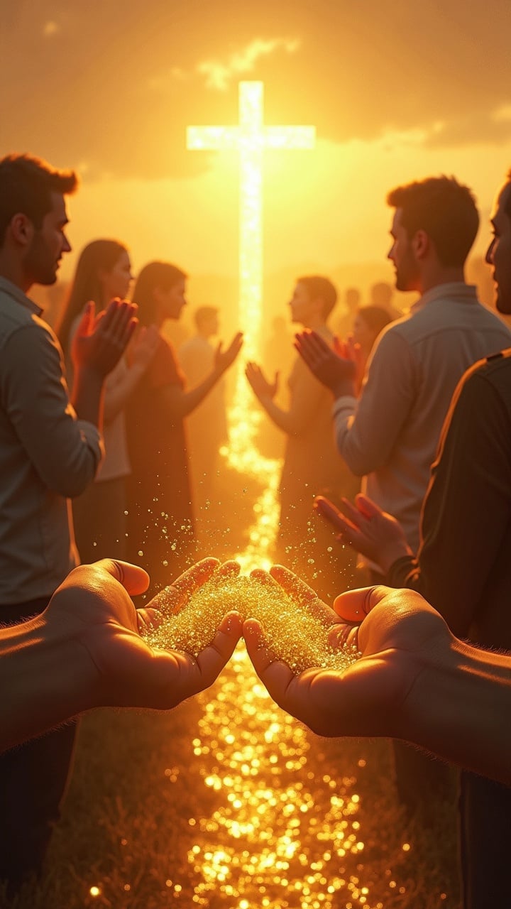 A gathering of people in a spiritual setting, with glowing hands holding sparkling light, leading to a radiant cross in the background. The scene is infused with golden light, evoking a peaceful and spiritual atmosphere.