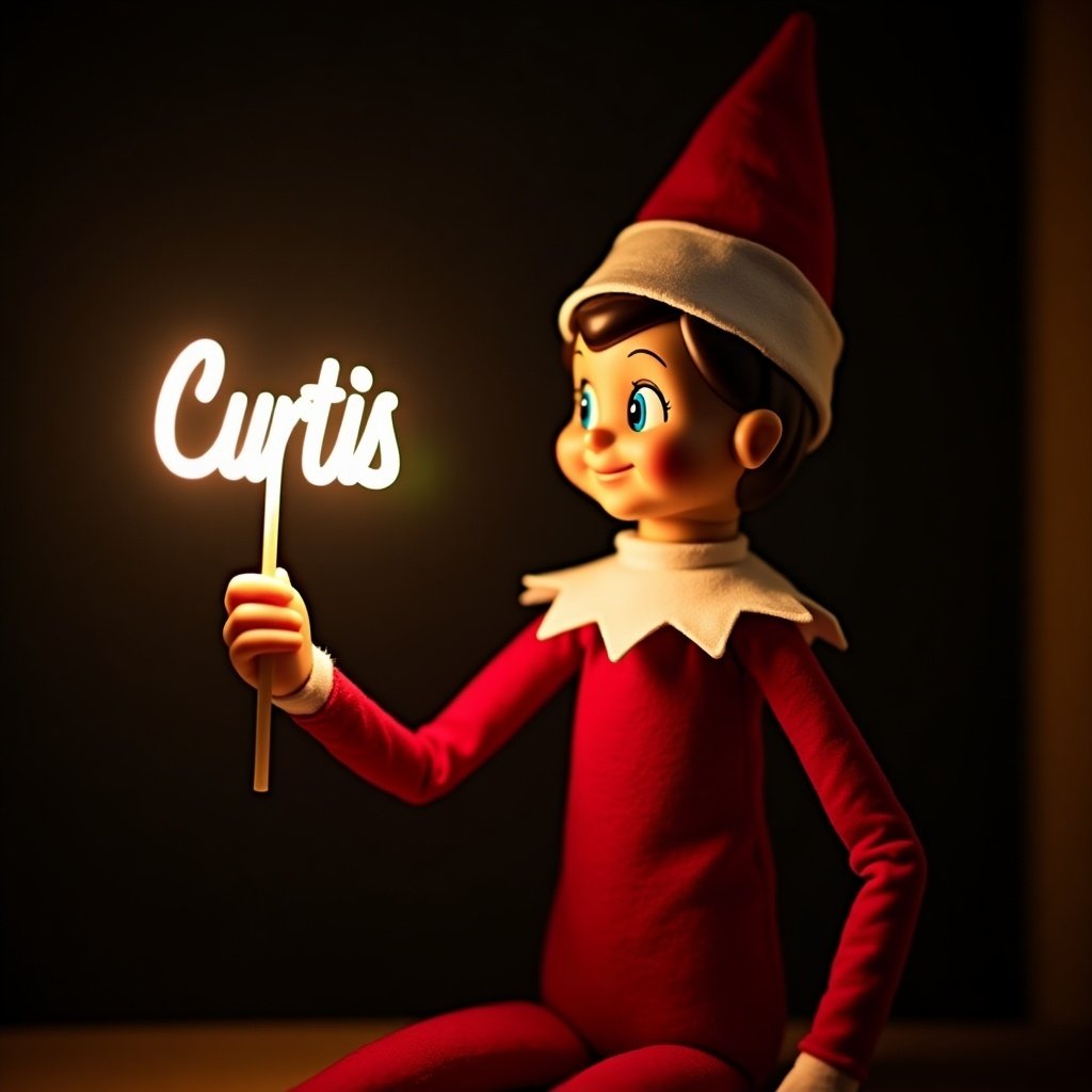 This image showcases a delightful elf on the shelf character, dressed in classic red and white attire. The elf sits with a cheerful expression, holding a glow stick that creatively forms the name 'Curtis' in luminous letters. The dark background enhances the glowing effect, making the text pop. This festive scene captures the joyful spirit of the holiday season, evoking feelings of magic and cheer. It's perfect for illustrating the warmth and joy associated with Christmas celebrations.