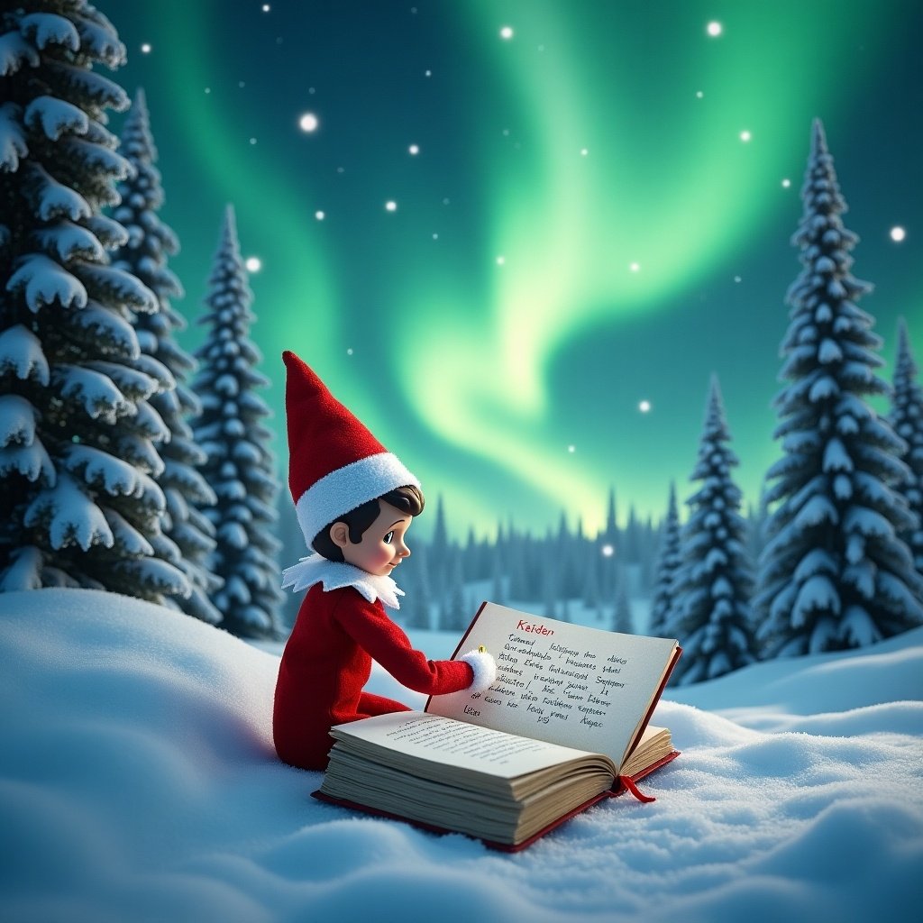 An elf on the shelf named Kaiden is seen sitting in a snowy landscape. He writes a message in a large book under the northern lights. The sky is illuminated with brilliant greens and blues, creating a serene winter scene. Kaiden is dressed in a classic red outfit with a pointed hat, adding a festive touch. Tall snow-covered trees surround him, enhancing the magical atmosphere of the setting. Names like Millie, Oscar, Lucas, and Paige are written in the book, highlighting the essence of the Christmas spirit.