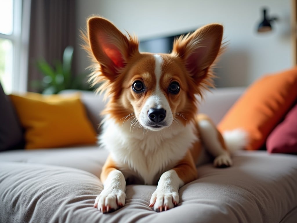 A playful dog with large ears sitting on a couch at home, surrounded by colorful pillows, with natural lighting creating a cozy atmosphere.