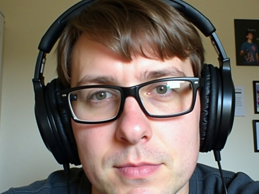 A person is wearing black over-ear headphones and glasses. They have short hair and are facing the camera directly. The background shows a wall with various framed items. The lighting creates a reflection on the glasses. The person appears to be in a room, possibly working or studying.