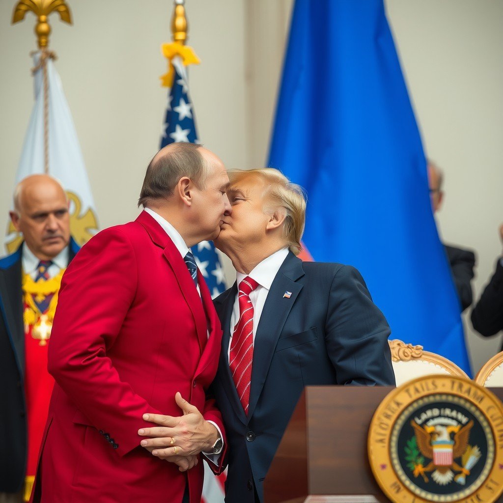 Two men in formal attire are sharing a close, lighthearted moment in front of international flags.