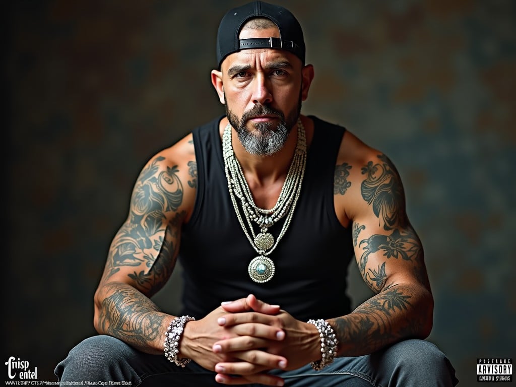 a muscular man with tattoos, wearing a cap and jewelry, sitting confidently with arms crossed, studio lighting