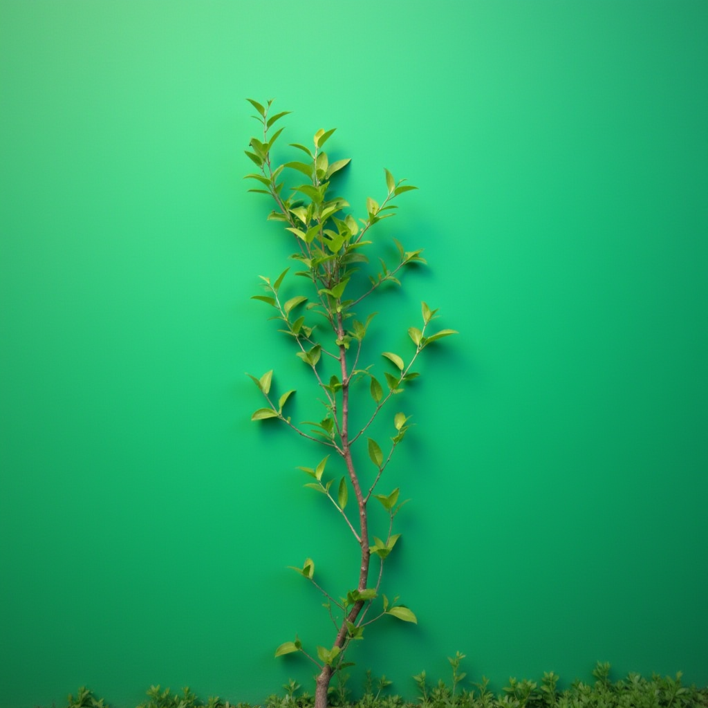 A young tree with fresh green leaves stands against a bright green background, casting a discreet shadow to its left.