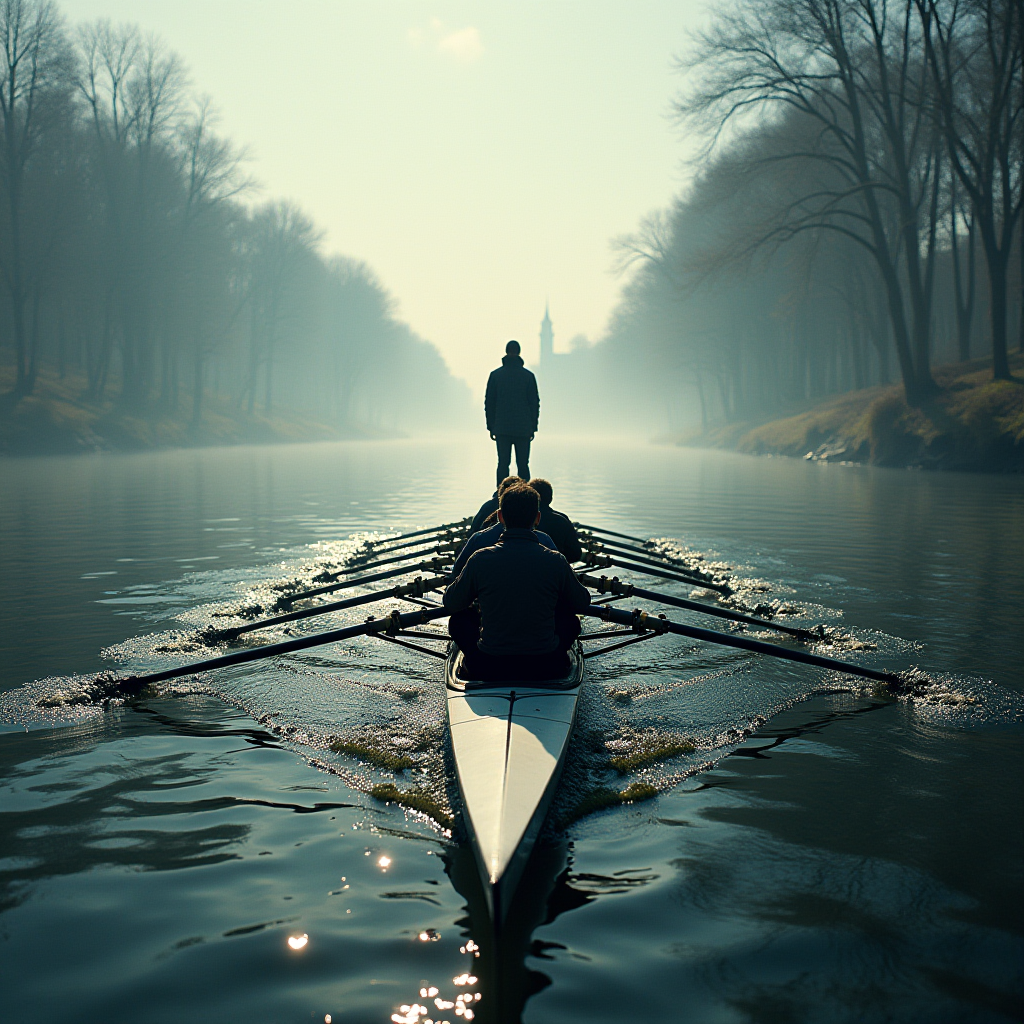 A rowing team glides along a misty river, surrounded by bare trees on a calm morning.