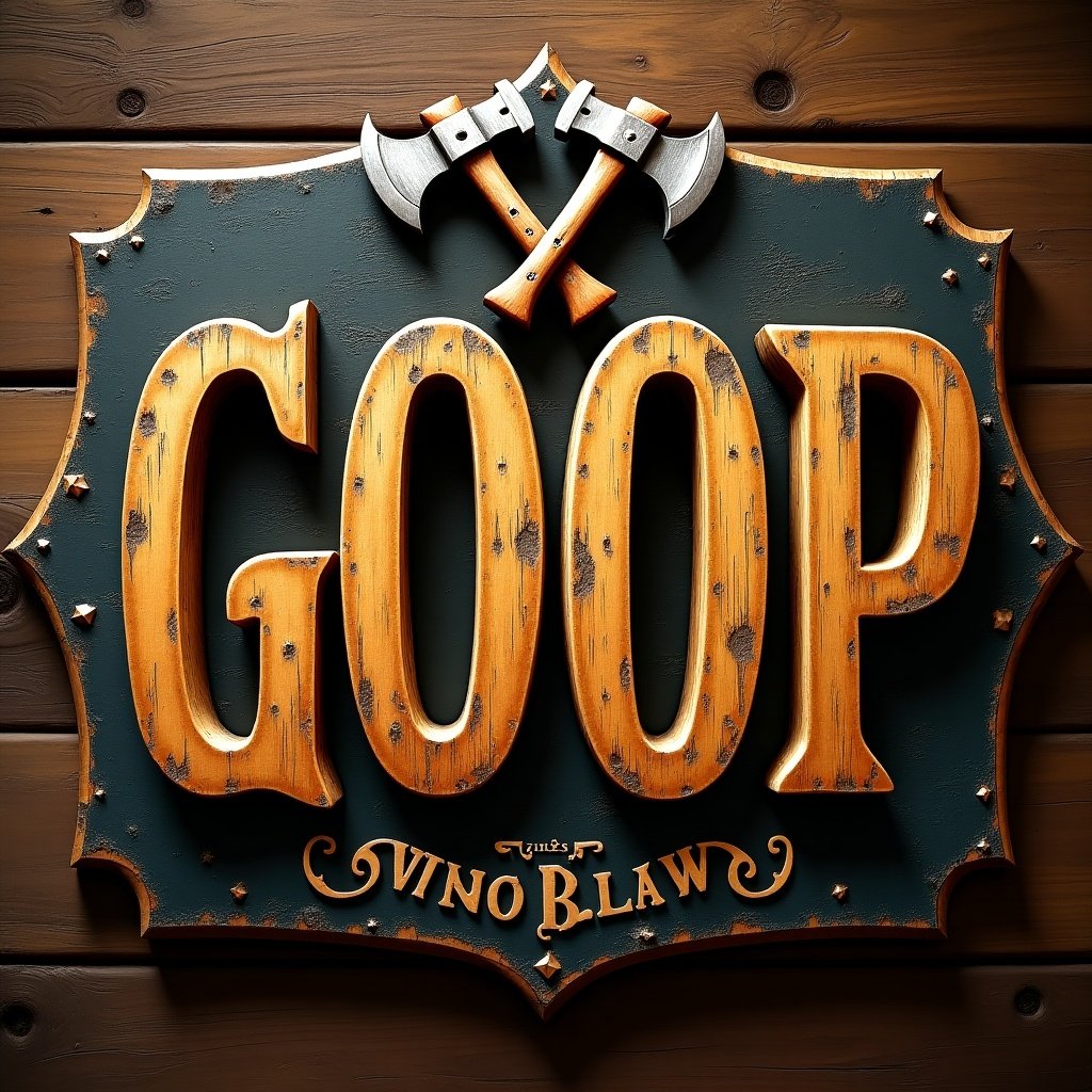 This image showcases a detailed sign that reads 'GOOP'. The sign features bold letters made of distressed wood with a golden outline, giving it a vintage aesthetic. At the top, you'll find two axes crossed, which enhances the rustic tavern theme. The background has a warm wood texture that complements the overall look. It is perfect for hospitality decor or themed events.