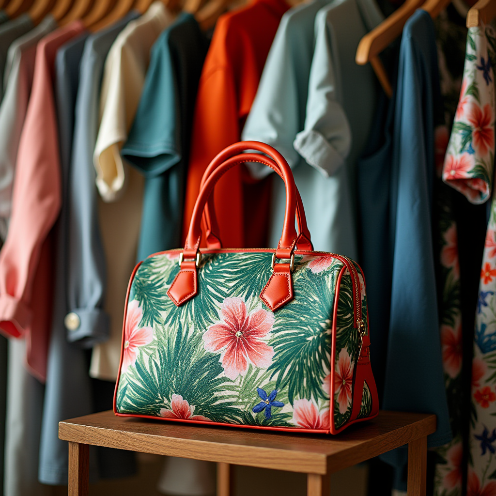 A vibrant floral handbag sits prominently in front of a colorful wardrobe full of neatly hung clothes.