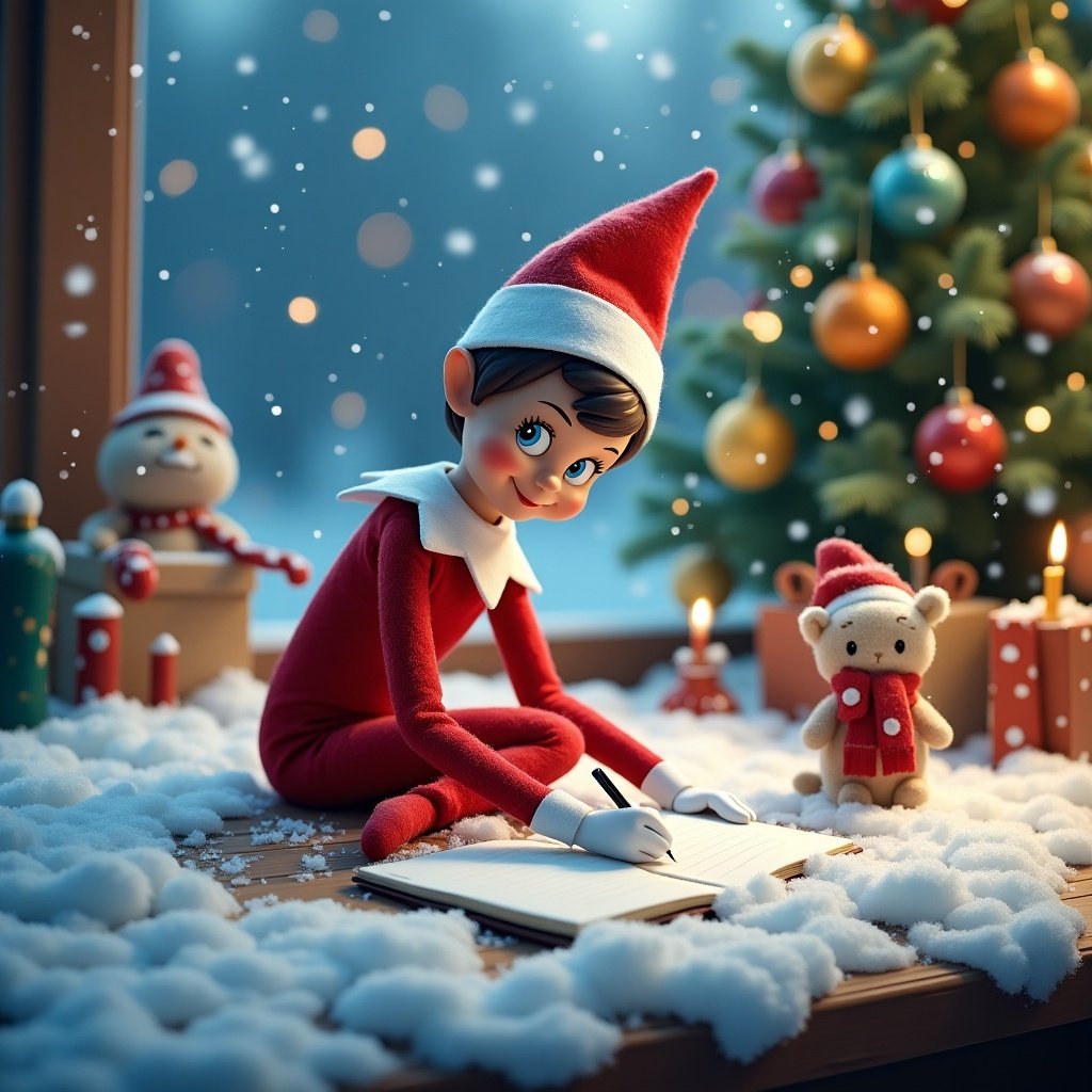 An adorable scene featuring an Elf on the Shelf writing the name 'Julian' in the snow. The elf is dressed in a red outfit with a matching hat, sitting on a wooden table. The background includes a beautifully decorated Christmas tree filled with colorful ornaments. Surrounding the elf are cute holiday decorations like candles and plush toys, creating a cozy atmosphere. Soft snow covers the table, enhancing the winter festive feel. The overall lighting is warm and inviting, perfect for a holiday illustration.