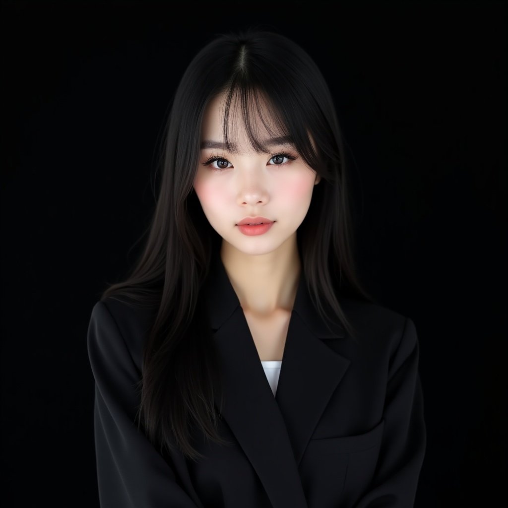 This image features a stylish Korean girl in a suit against a black background. She has pale skin, long, straight black hair, and striking black eyes enhanced by subtle makeup. Her attire aligns with Y2K fashion trends, making her look modern and appealing. The portrait is captured with soft, natural lighting, showcasing her smooth skin and facial features. This aesthetic is designed to attract a youthful audience, making it ideal for fashion and beauty-related content.