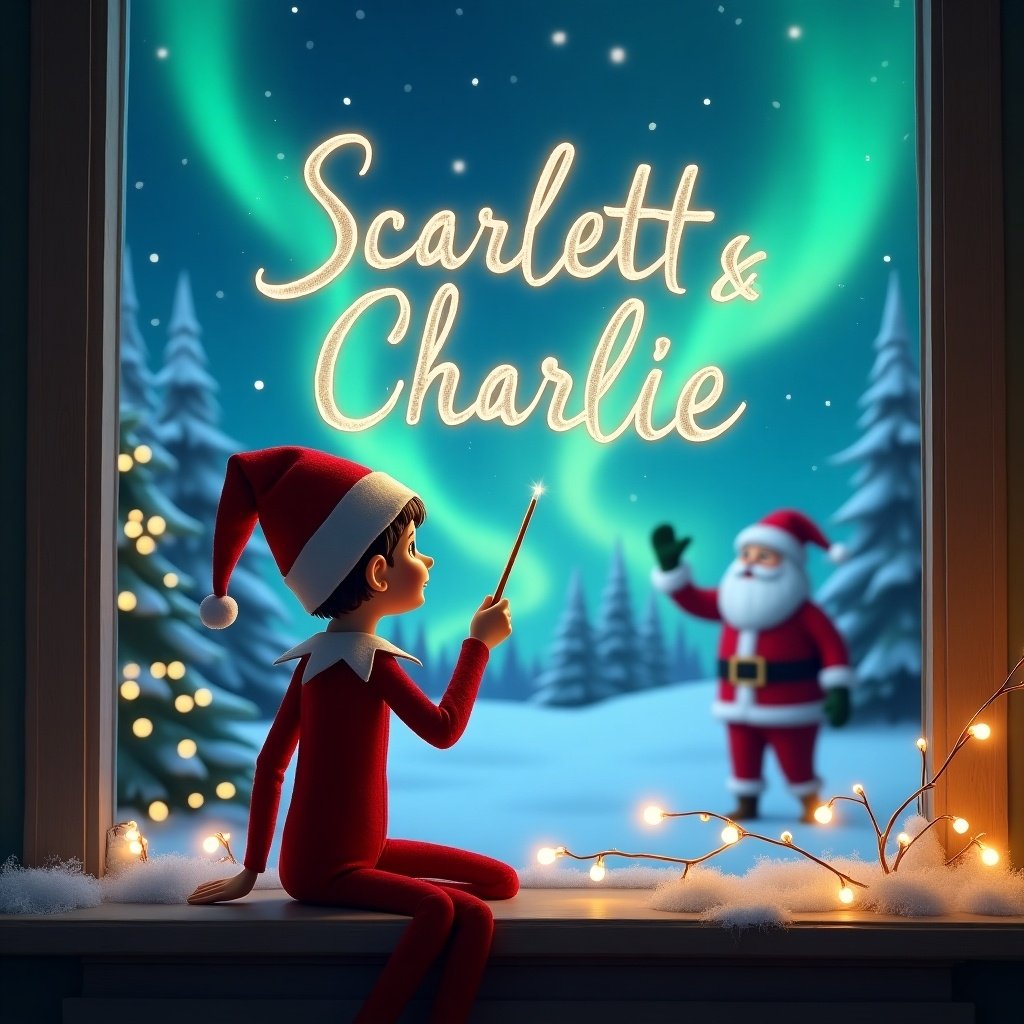 The illustration features an elf on the shelf sitting by a window, facing out into a magical winter landscape. The elf is using a wand to write the names 'Scarlett & Charlie' in the sky. In the background, Santa is waving cheerfully. The sky is illuminated by the enchanting northern lights, creating a festive atmosphere. The elf's back is to the viewer, inviting them into this whimsical scene. The cozy window frame is adorned with holiday decorations, enhancing the Christmas spirit.