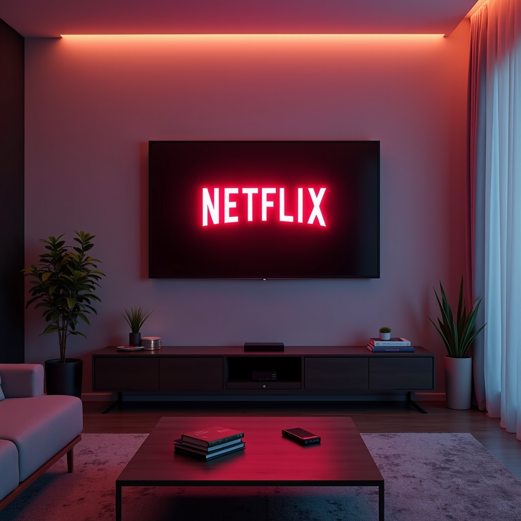 A stylish living room with ambient lighting features a large TV displaying the Netflix logo.