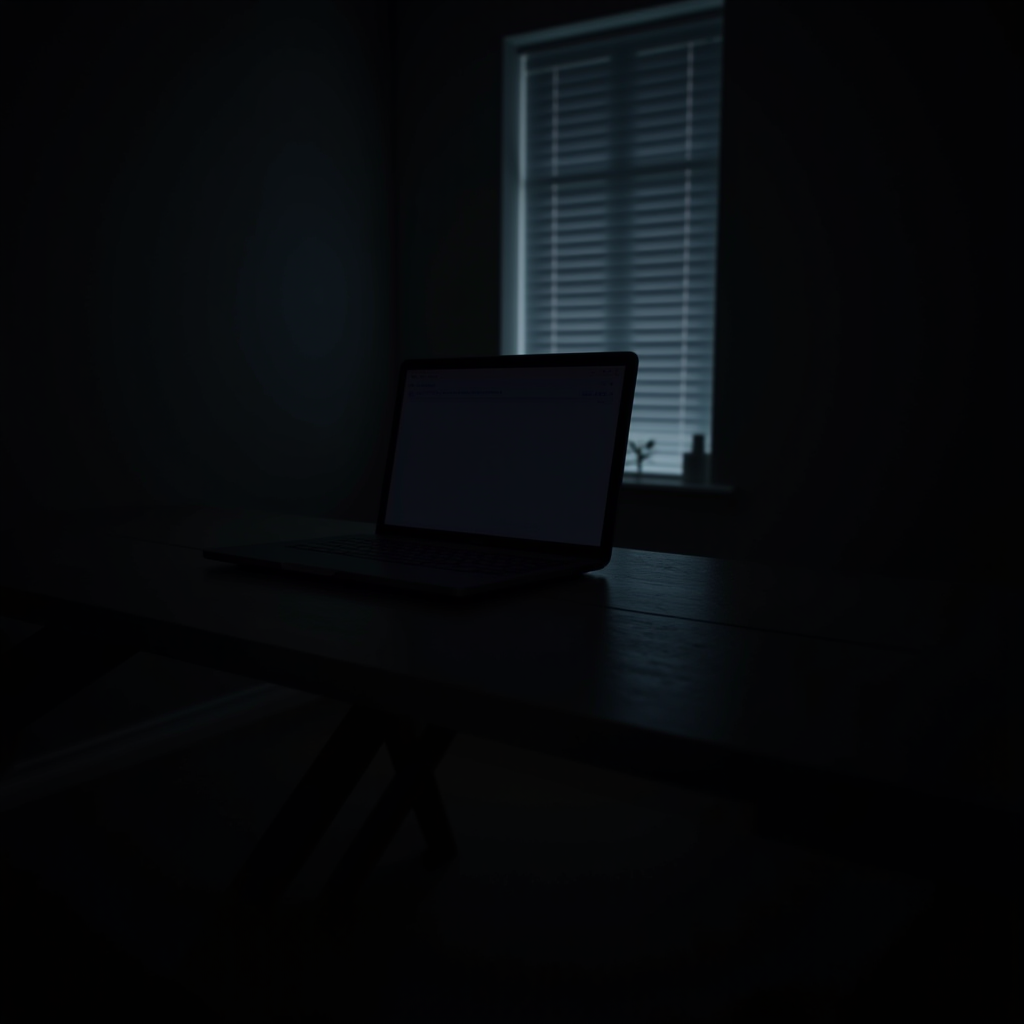 A dimly lit room with a closed laptop on a wooden table and a window with blinds letting in a sliver of light.