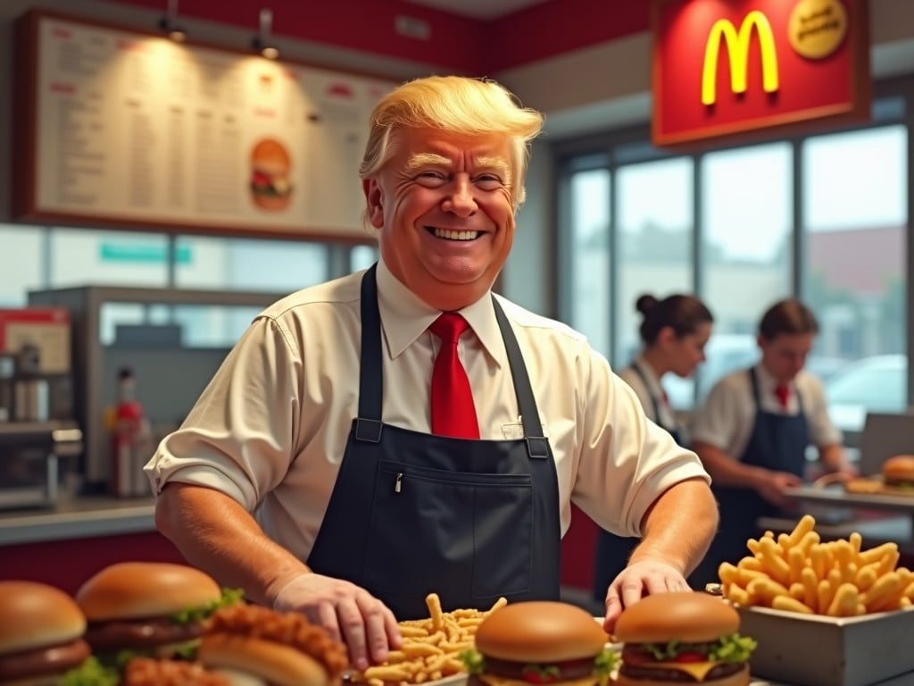 The image depicts a cheerful figure resembling a well-known public figure, working at a fast food restaurant. The character wears a classic McDonald's uniform, complete with an apron. He is standing behind a counter, surrounded by burgers and fries, showcasing a welcoming smile. The interior of the restaurant features bright red and yellow colors typical of McDonald's branding. The atmosphere is bustling but friendly, suggesting a fun and lively environment.