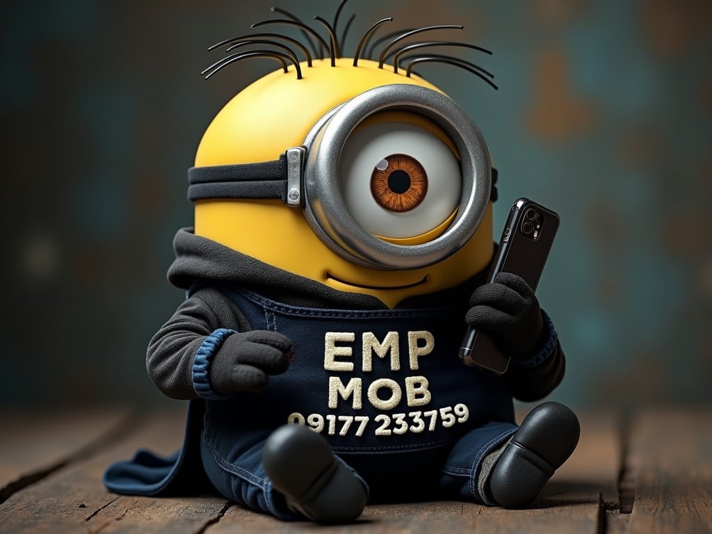 This digital artwork features a character resembling a playful minion, sitting comfortably with a smartphone in hand. The character dons a unique outfit with 'EMP MOB' lettering and a contact number, adding a humorous personalization. The background is softly blurred, accentuating the character's bright yellow color and single eye, giving it a quirky charm.