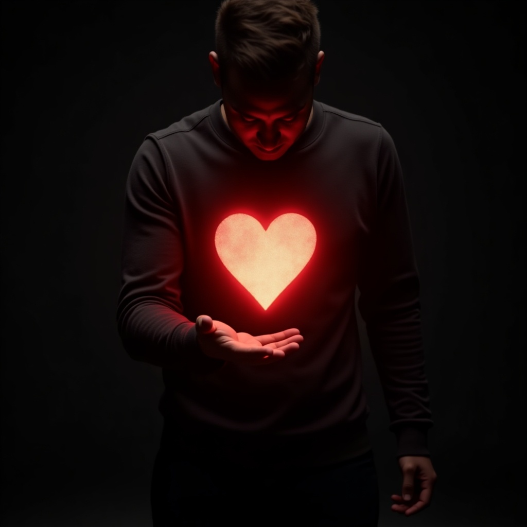 The image features a person standing against a dark background, with a glowing heart symbol in their open palm. The heart emits a warm red light, contrasting sharply with the darkness surrounding them. The person's face is slightly shadowed, focusing attention on the heart. Their posture is open and inviting, conveying a message of love and compassion. This evocative imagery can symbolize emotional connections and wellness, making it visually impactful for various campaigns.