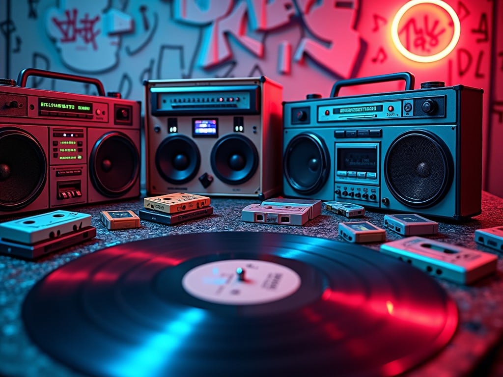 The image depicts a nostalgic music scene featuring vintage audio equipment. In the foreground, a shiny vinyl record sits atop a textured surface, surrounded by various cassette tapes. Two classic boomboxes frame the record, adding character to the composition. Neon lighting enhances the atmosphere, casting vibrant colors throughout the scene. The background features abstract wall art, contributing to the retro vibe of the setting.