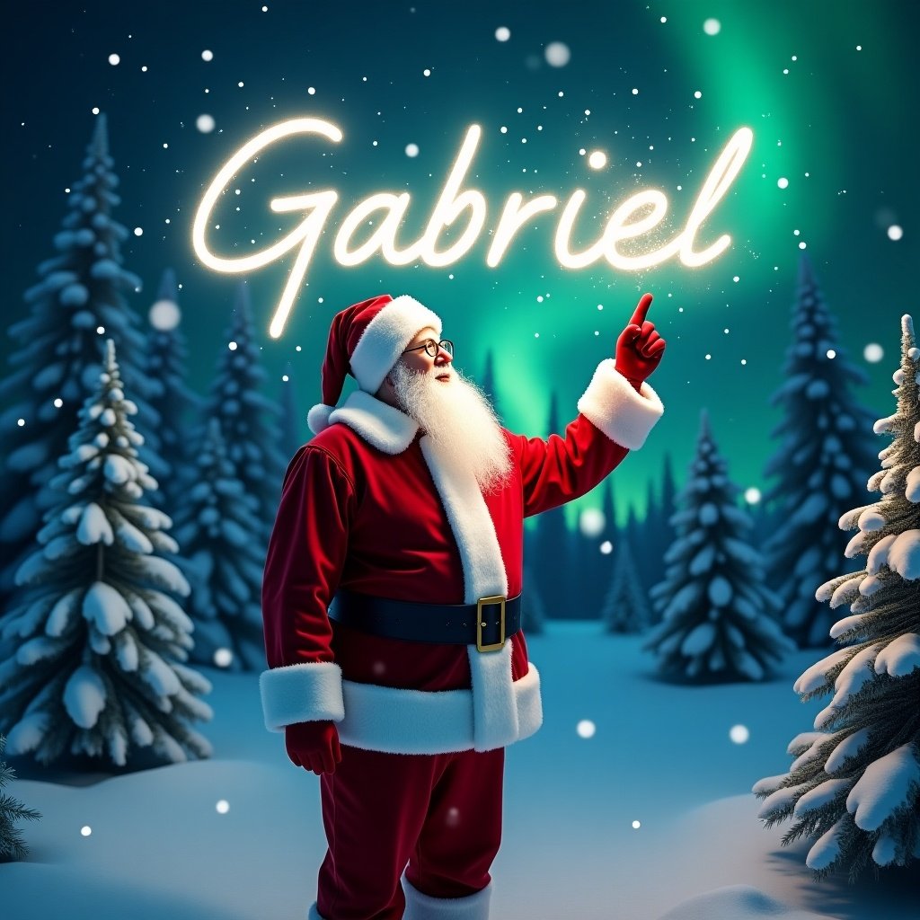 The image captures a magical moment in a winter wonderland, featuring Santa Claus in his classic red suit and hat. He stands joyfully, pointing upward as if writing in the sky. The night sky is illuminated with the name 'Gabriel' in glowing letters. Snowflakes fall gently around him, enhancing the festive feel. Surrounded by snowy trees, the enchanting northern lights create a backdrop that adds to the scene's charm. This image embodies the spirit of Christmas and joy during the holiday season.