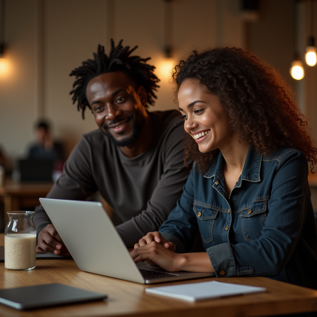 A man and woman smiling and working on a laptop in a warmly lit café.