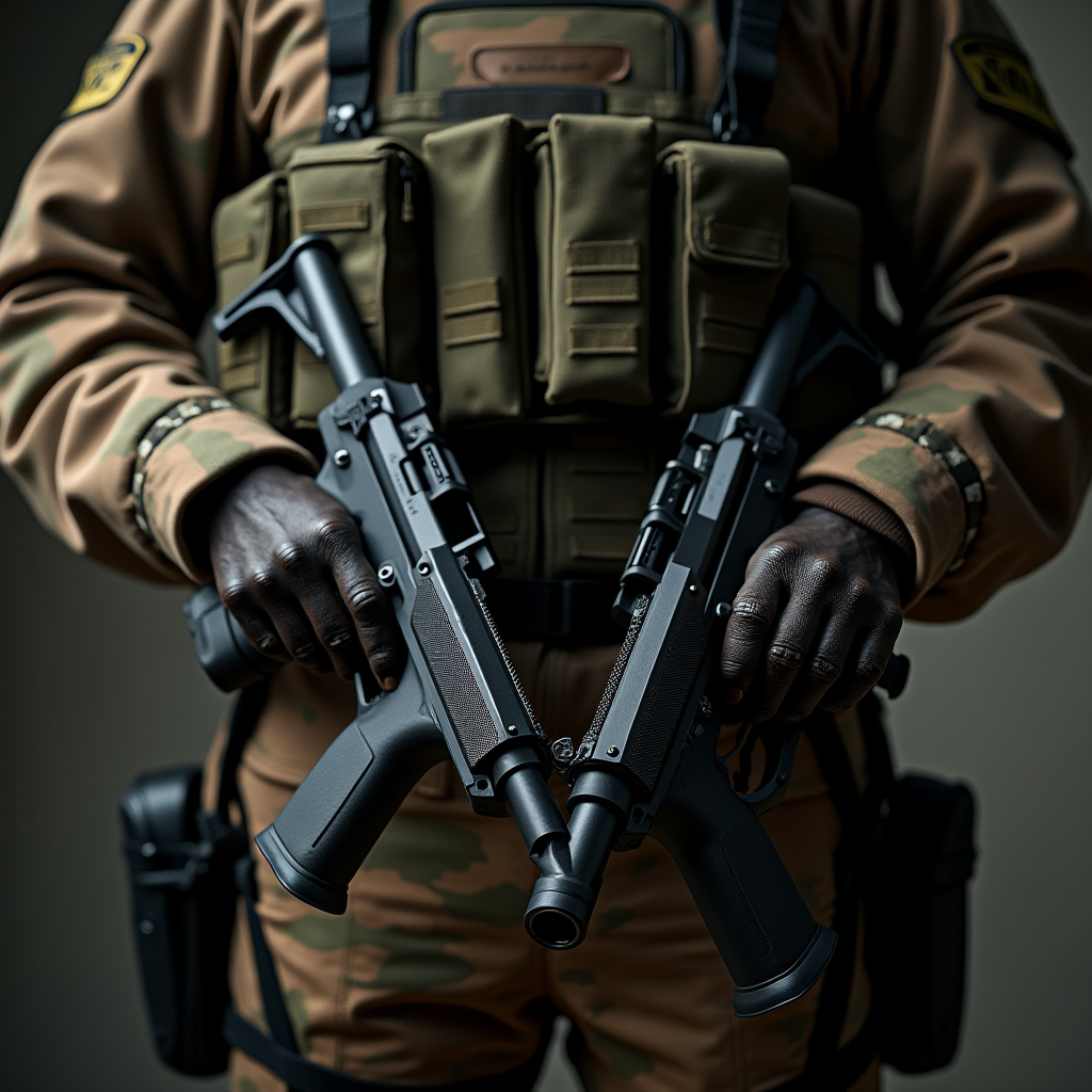 The image depicts a person wearing a camouflaged military uniform and holding two identical submachine guns. The figure's hands are gloved, and they are gripping the firearms with authority, indicating readiness and vigilance. The uniform includes a tactical vest with numerous pouches, likely meant for storing ammunition and other gear, adding to the militaristic and prepared appearance. The background is neutral, keeping the focus entirely on the person and the equipment they are holding.