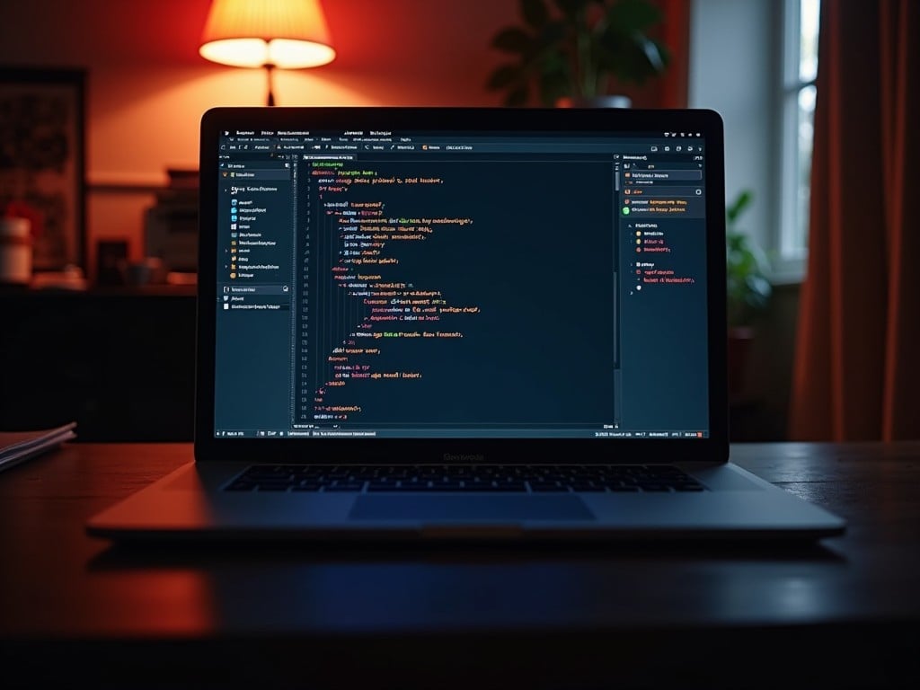 A laptop on a desk in a dimly lit room, displaying programming code on the screen, with a warm lamp and plants in the background.