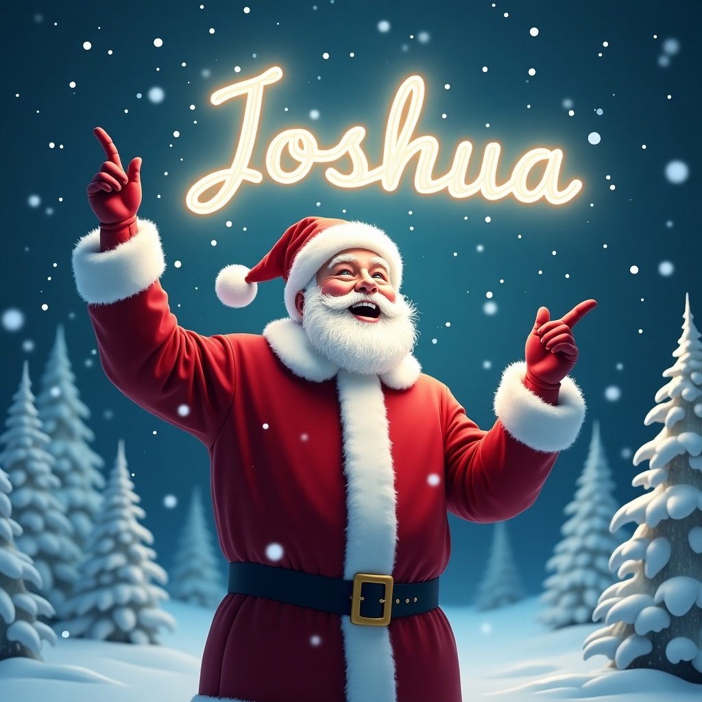 The image depicts a joyful Santa Claus standing in a winter wonderland. He is dressed in his traditional red suit with white trim and a matching hat. Santa is pointing upward as if he is magically writing a name in the sky. Snowflakes gently fall around him, adding to the festive atmosphere. In the sky, the name 'Joshua' is written in bright, glowing letters. The background features snowy trees, enhancing the Christmas scene.