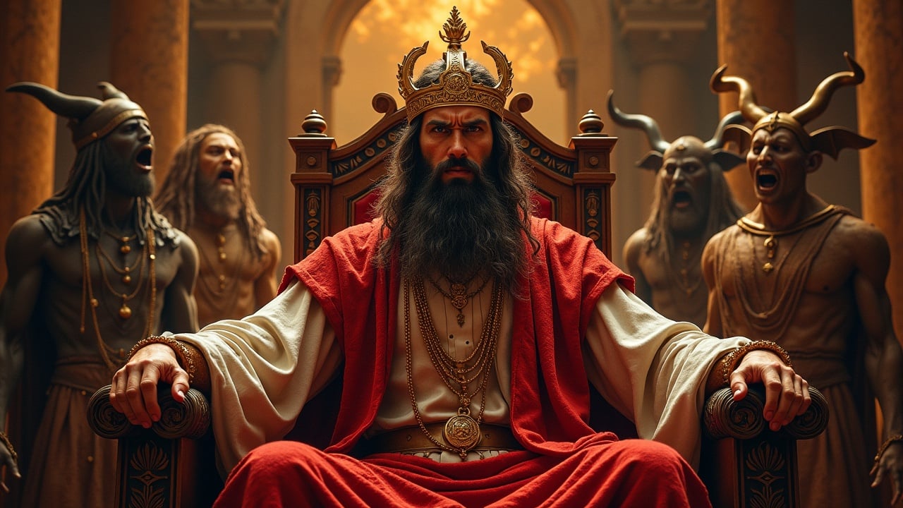 A powerful king sitting on a throne surrounded by mythical creatures in a fantasy setting, wearing a golden crown and red robes, set in an ancient palace with dramatic lighting highlighting the regal and mystical atmosphere.