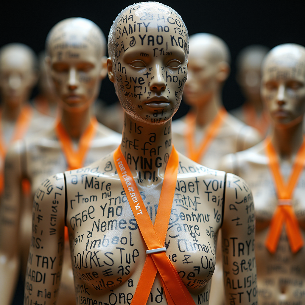 A group of mannequins covered in random typography with orange ribbons around their necks.